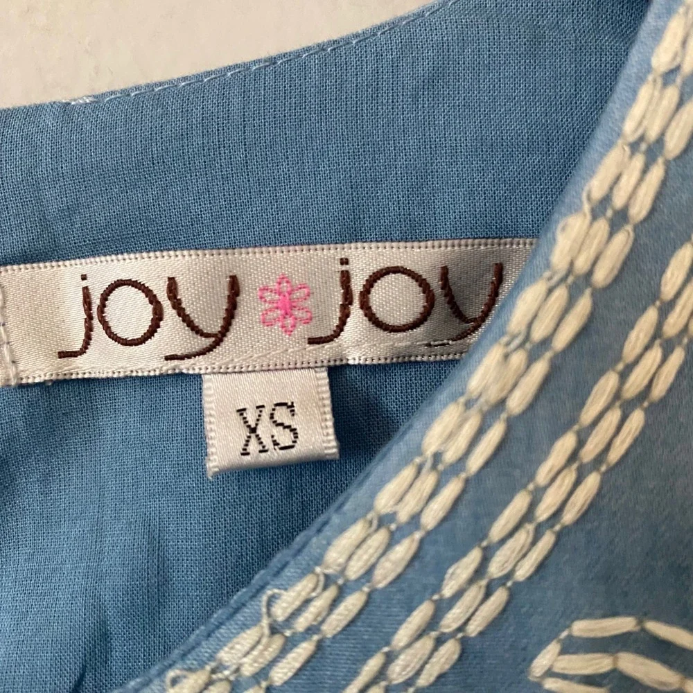 Joy Joy Blue Chambray Embroidered Elephant Boho Ruffle Hem Mini Dress XS - Picture 3 of 8